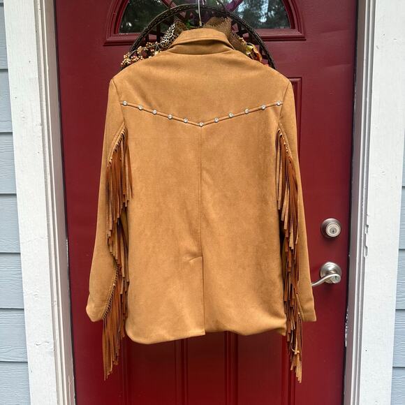 NWT Brown Faux Suede Western Fringe Boho Jacket, Lined, Studded Trim, Size XS - Picture 2 of 11